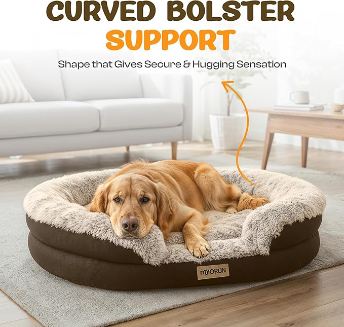 Fluffy Orthopedic Dog Bed for Small & Medium Dogs, Calming Plush Sofa Bed with Curved Bolster Support and Egg-Crate Foam Base, 35" Cozy Oval Pet Donut Bed with Washable Cover, Coffee