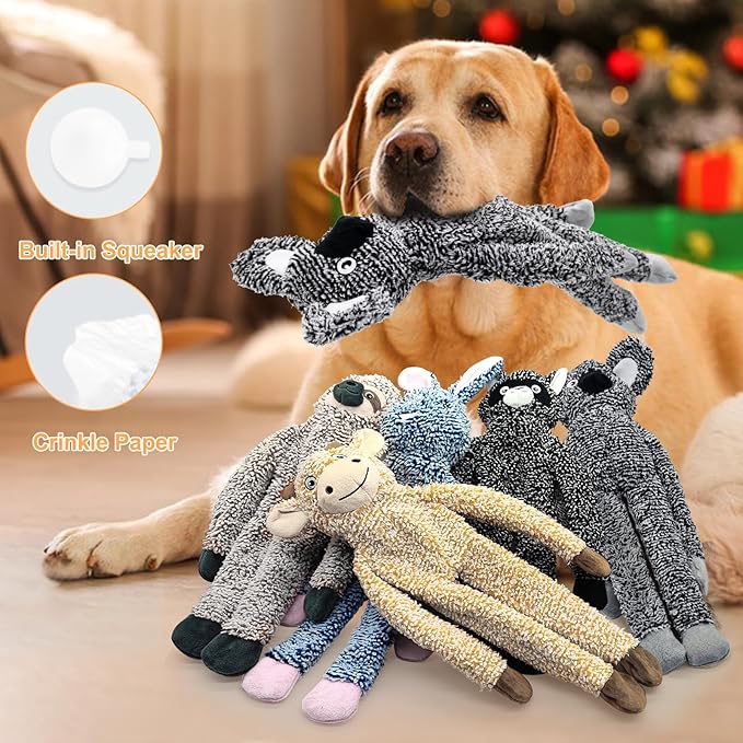 2 Pack Dog Toys with Squeakers, Plush Teething Toys to Keep Them Busy, No Stuffing Crinkle Interactive Dog Animals, Cute Funny Dogs Gifts for Small Medium Large Breed (Raccoon Cattle)