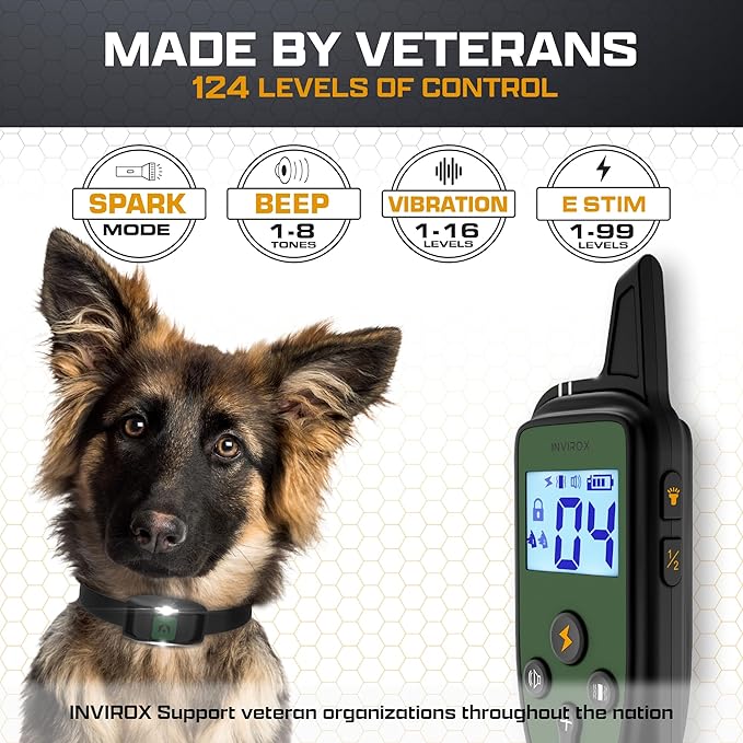 INVIROX Dog Training Collar with Remote [Spark K9] 1100 Yard Range, 124 Levels of Control, Beep, Vibration & E-Stim Modes, IP67 Waterproof E Collar for Dogs Training