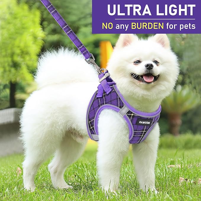 GAMUDA Small Dog Harness Collar and Leash Set, Step in No Chock No Pull Soft Mesh Adjustable Dog Vest Harnesses Plaid Reflective for Dogs Puppy Cats Kitten Rabbit (Purple, M)
