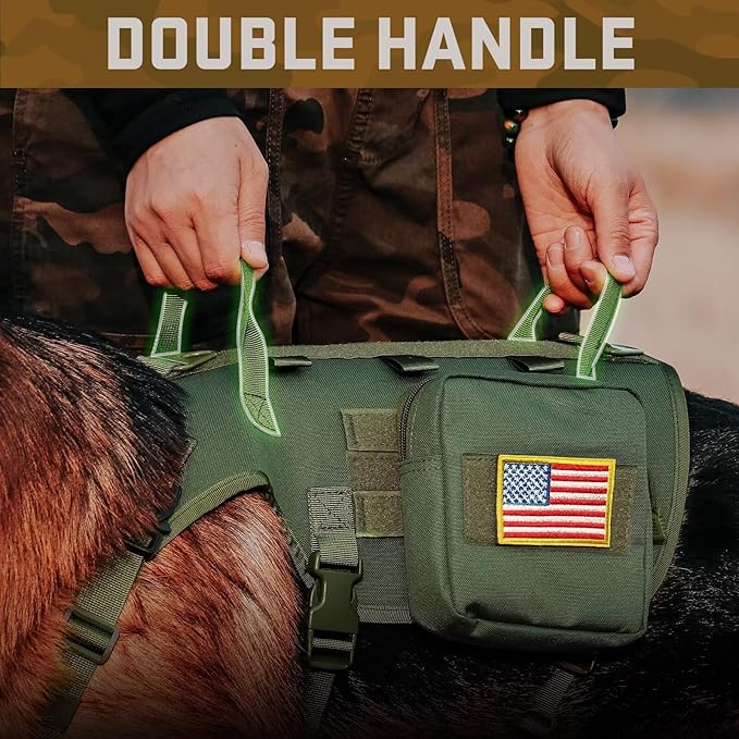 Forestpaw Tactical Dog Harness for Large Dogs,Tactical Dog Collar with Bungee Leash Set,No Pull Military Dog Harness for Walking Training,Adjustable for Medium Large Dogs,Green,Chest 21.5-45"