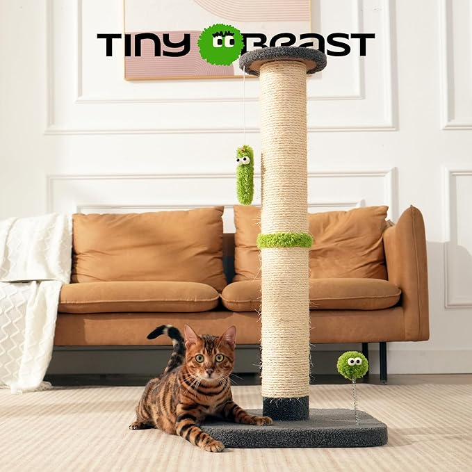 TINYBEAST 34.7" Tall Cat Scratching Post, 3 in 1 Sisal Cat Scratcher, Heavy Duty 4.3" Diameter Cat Tree with Hanging Bell Ball Toy and Reinforced Stable Base for Indoor Adult Cats & Kittens