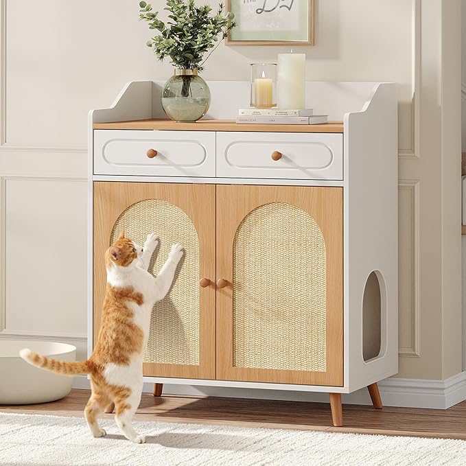 Cat Litter Box Enclosure Furniture, Wooden Hidden Litter Box Furniture with Double Rattan Scratching Board Doors, 2 Drawers, Litter Box Cabinet, Cat Cabinet, Natural