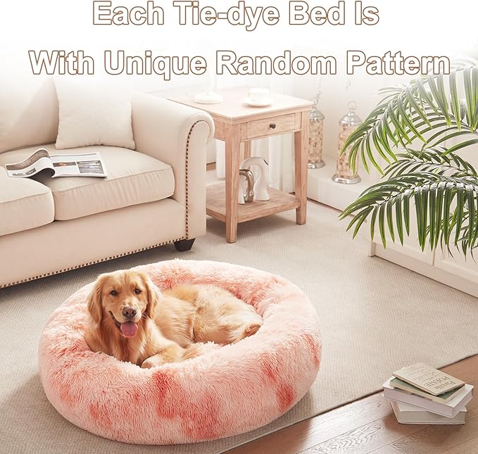 36 inches Donut Dog Bed for Large Dogs - Calming Fluffy Round Pet Bed with Removable & Washable Cover,Fits up to 80 lbs Pets (Tie-dye Pink,Large)