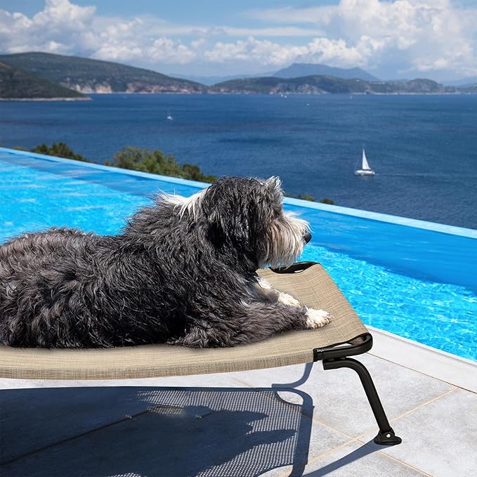 Veehoo Outdoor Elevated Dog Bed, Cooling Raised Dog Cots Beds for Medium Dogs, Portable Waterproof Curved Dogs Hammock Bed for Outside, up to 100lbs, Black Legs, Beige 32"