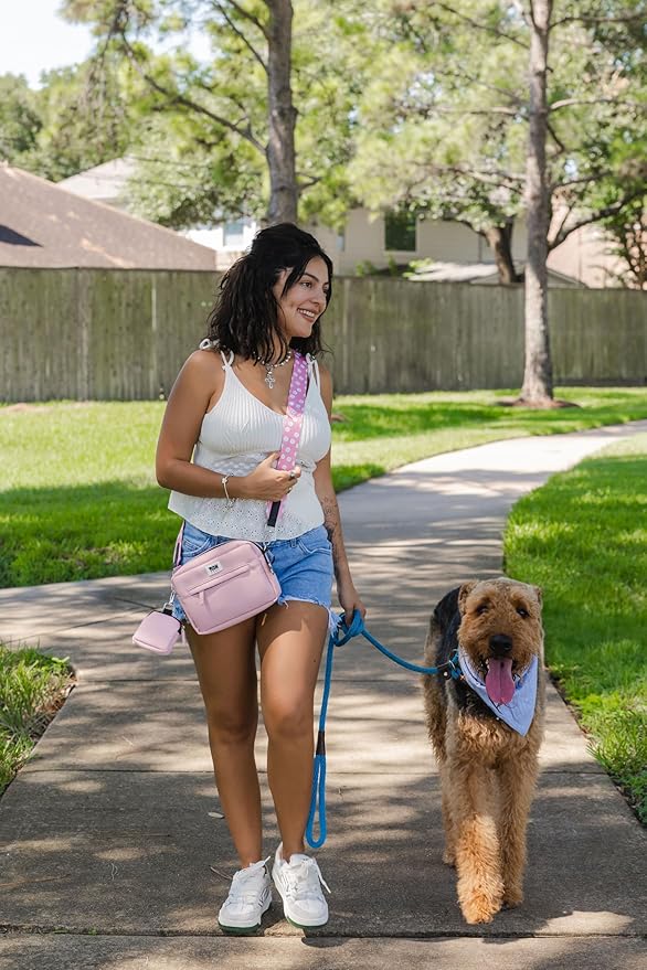 Dog Walking Crossbody with Treat Pouch & Tripod - Hands-free Storage with Phone Holder, Poop Bag Dispenser, Hook for Used Poop Bags & Training Features (Black)