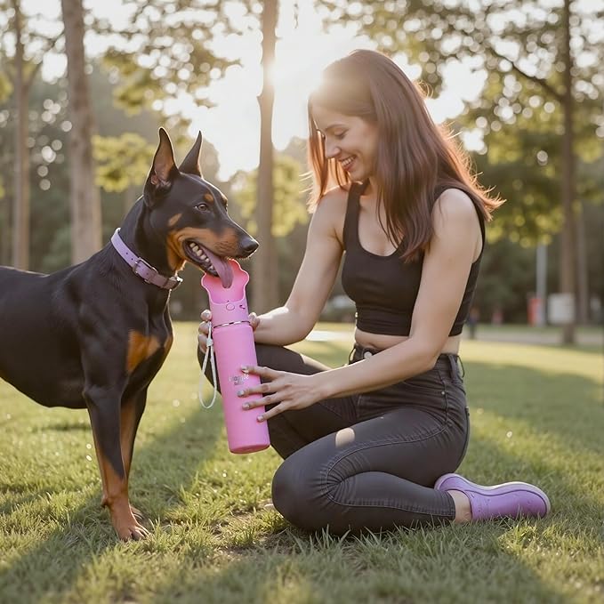 Stainless Steel Dog Travel Water Bottle, Vacuum Insulated Portable Dog Water Dispenser, Drink Cup and Snack Container On The Go, Outdoor Walking, Hiking, Travel (Pink)