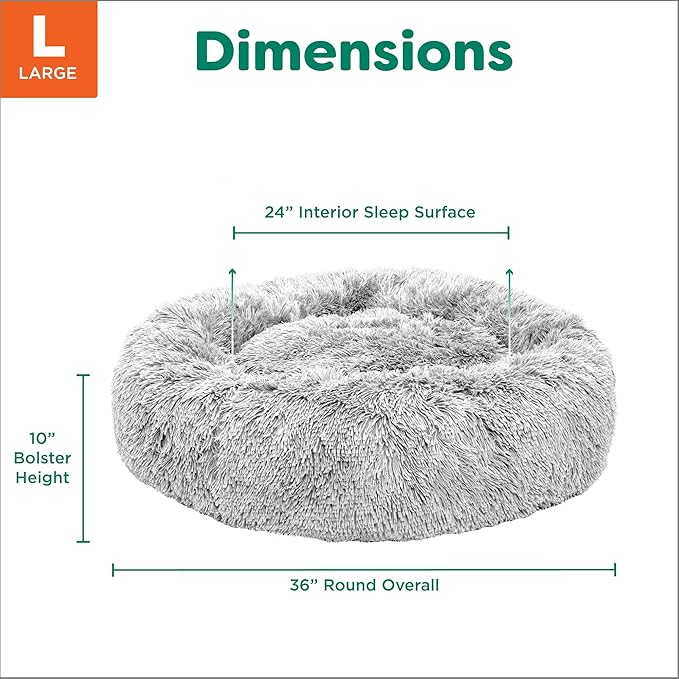 Furhaven 30" Round Calming Donut Dog Bed for Medium/Small Dogs, Refillable w/ Removable Washable Cover, Up to 45 lbs - Shaggy Plush Long Faux Fur Donut Bed -Mist Gray, Medium,30.0"L x 30.0"W x 10.0"Th