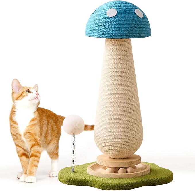 Mushroom Cat Scratching Post Cat Tree, 21.5‘’ H Cute Cat Scratcher Tower with Durable Solid Wood Turntable Toy, Mushroom Scratch Post Cat Sisal Scratcher with Catnip for Indoor Adult Cats-Blue