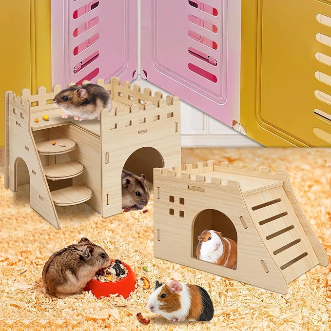 2 Pack Hamster Houses and Hideouts, Easy to Assemble Wooden Hamster Castle Small Animal House Bed with Stairs
