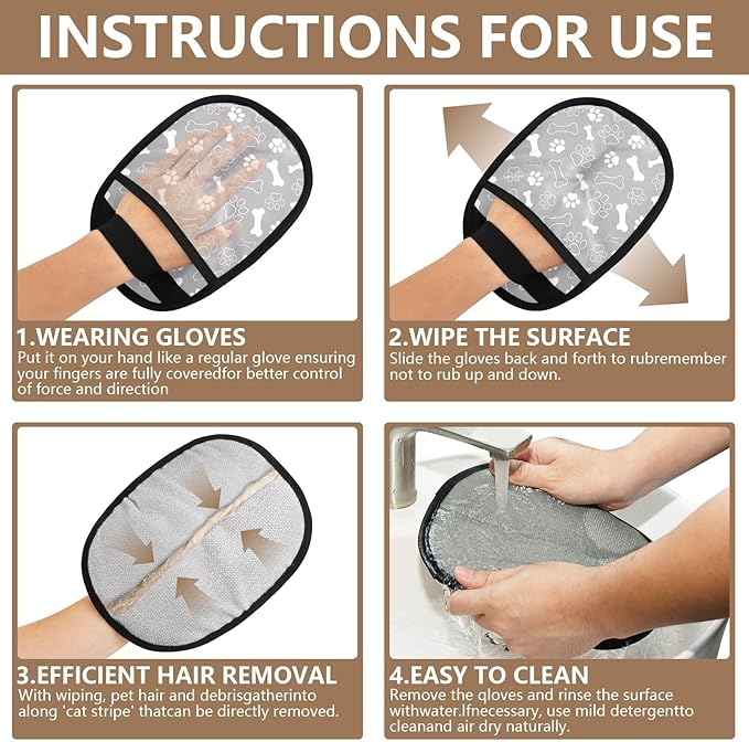 Pet Grooming Gloves Reusable Dog & Cat Hair Remover for Furniture, Car Interiors Multi-Surface Deshedding Tool for Carpets, Bedding & Home Cleaning