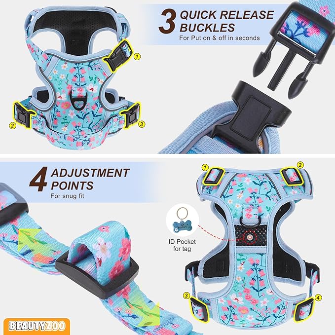 BEAUTYZOO No Pull Dog Harness Large,Adjustable Dog Harness and Leash Set -Easy Wearing with 3 Buckles/Control Handle,No Choke Soft Padded Reflective Pet Vest for Training Walking Hiking,Blue XL