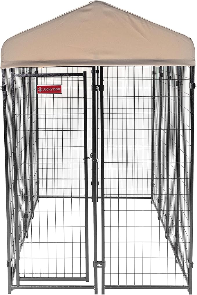 Lucky Dog Stay Series 4 x 8 Feet Villa Black Powder Coat Steel Frame Large Outdoor Dog Kennel with Waterproof Canopy Roof and Single Gate Door, Khaki
