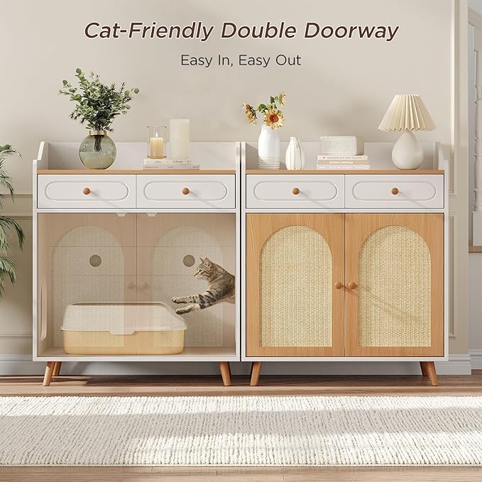 Cat Litter Box Enclosure Furniture, Wooden Hidden Litter Box Furniture with Double Rattan Scratching Board Doors, 2 Drawers, Litter Box Cabinet, Cat Cabinet, Natural
