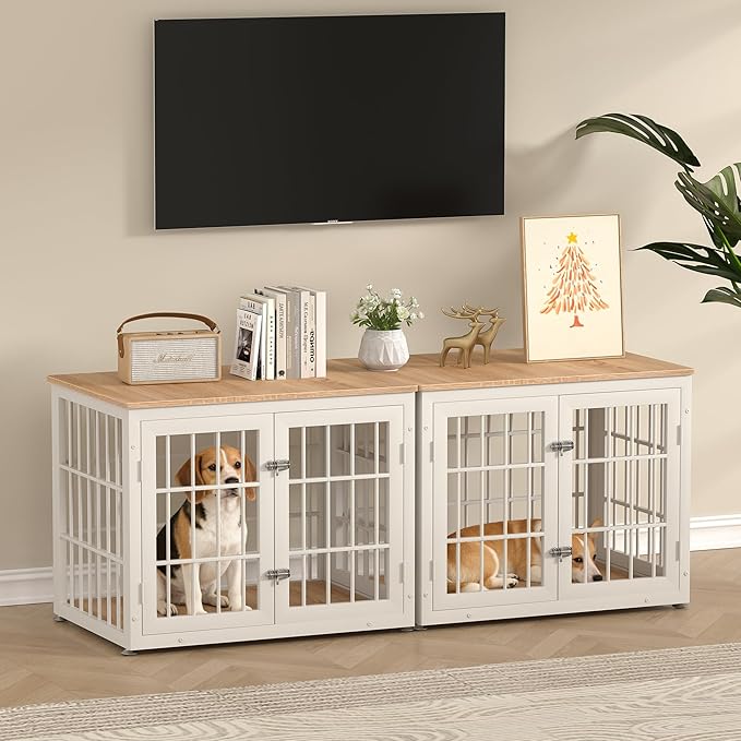 32 Inch Heavy Duty Dog Crate Furniture for Medium and Small Dogs, Decorative Pet House End Table, Wooden Cage Kennel Furniture Indoor, Natural and White