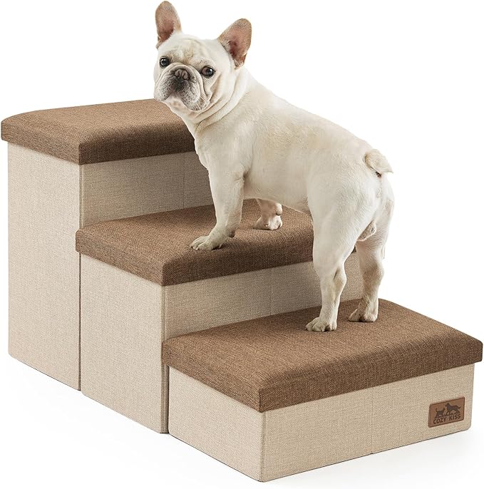 Dog Stairs with Storage, 3-Step Wider Sturdy Dog Steps for Small/Medium/Large Dogs and Older Cats, Folding Doggie Ramp for Bed/Couch/Car Hold Up to 180 lbs (16.7" H, Brown)