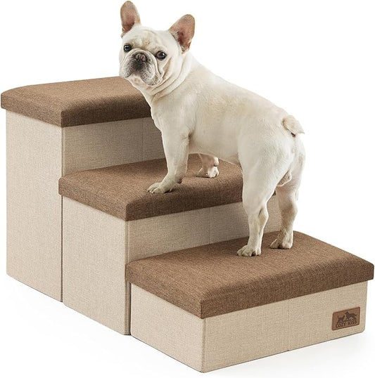 Dog Stairs with Storage, 3-Step Wider Sturdy Dog Steps for Small/Medium/Large Dogs and Older Cats, Folding Doggie Ramp for Bed/Couch/Car Hold Up to 180 lbs (16.7" H, Brown)