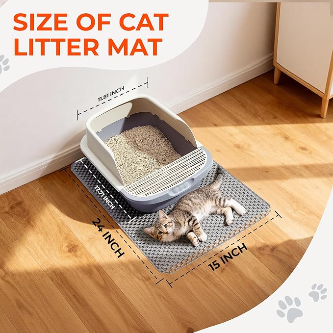 BurgeonNest PVC Foam Cat Litter Mat 24x15 inch, Soft on Paws, Double Layer Litter Trapping, Urine-Proof Water Resistant, Easy Clean Scatter Control (Gray)