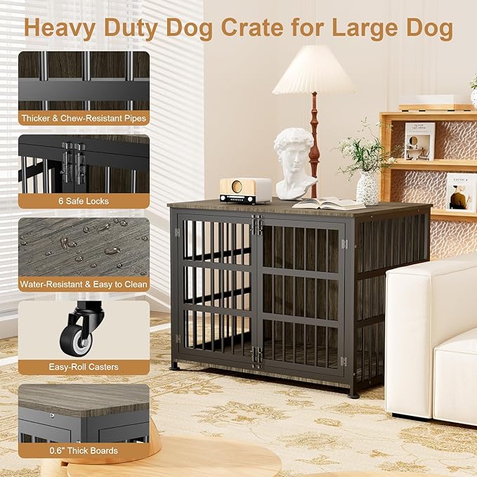 42" Furniture Style Large Dog Crate with Wheels, Metal Chew-Resistant Dog Kennel Indoor for Large & Medium Dogs, 41.9" W x 28.3" D x 31.7" H, Decorate House as TV Stand, End Table — Grey