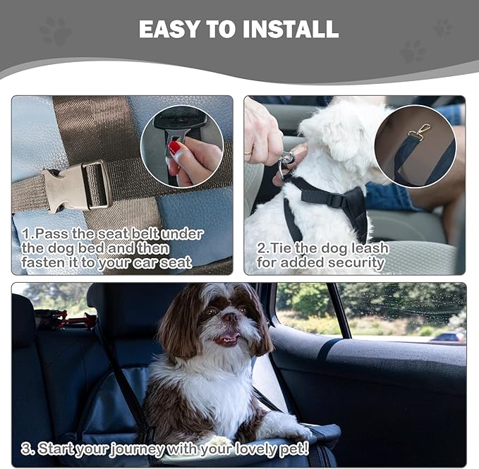 Dog Car Seat for Large Dogs, Large Leather Dog Car Bed with Storage Pocket, Waterproof PVC Leather Booster Seat Travel Bed for Front & Back Seat, Clip-On Safety Leash (Blue/Brown)