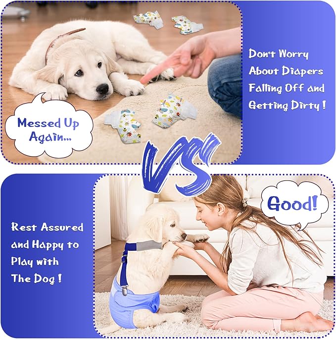 Saintrygo 2 Pcs Dog Suspenders for Diapers Female Male Belly Bands Canine Harness Keep Diaper on Your Pet for Small Medium and Large Dogs(Black, Blue,Medium)