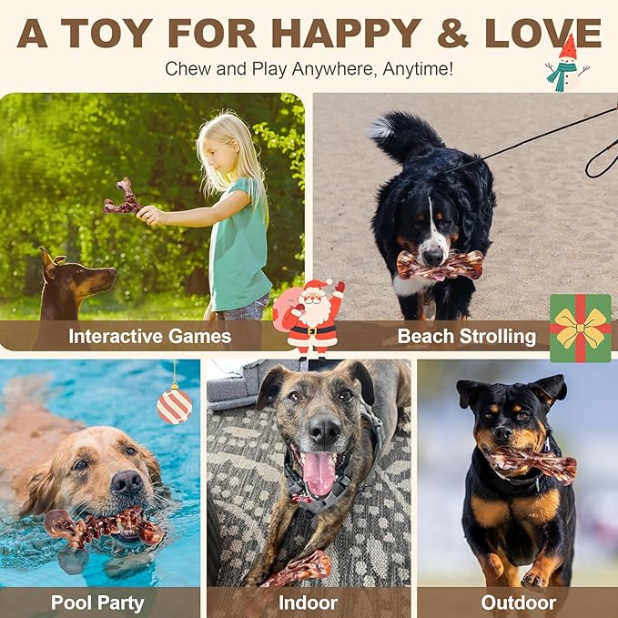 Dog Toys for Aggressive Chewers - 3 Pack Bacon Flavored Indestructible Dog Toy, Big Tough Chew Bone for Medium Large Breed 25-80lbs to Keep Them Busy, Holiday Dog Gift (Brown)