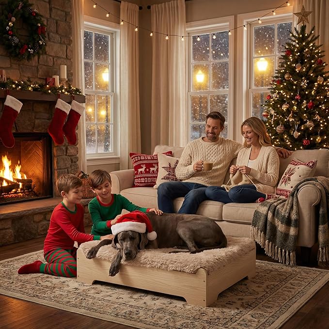 GLOSSGODS Elevated Dog Bed and Mattress with Removable Washable Cover, Egg Crate Foam, Wooden Frame, Suitable for Pet Up to 90 lbs, Naturalwood XL