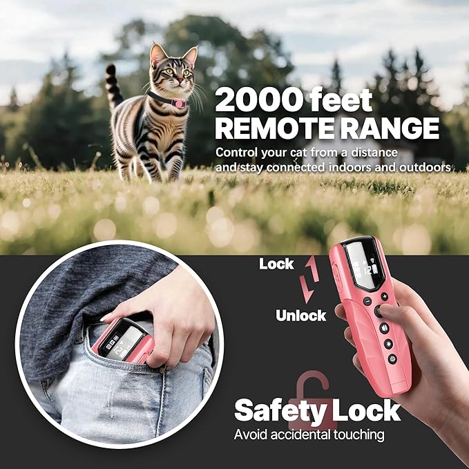 Cat Training Collar No Shock,Tiniest Vibrating Cat Collar with Remote 2000ft, Vibration Collar for Small Cat 5-15lbs & Medium Large Cats, Safe Lock, Beep, Vibrate, No Prongs, Waterproof, Pink