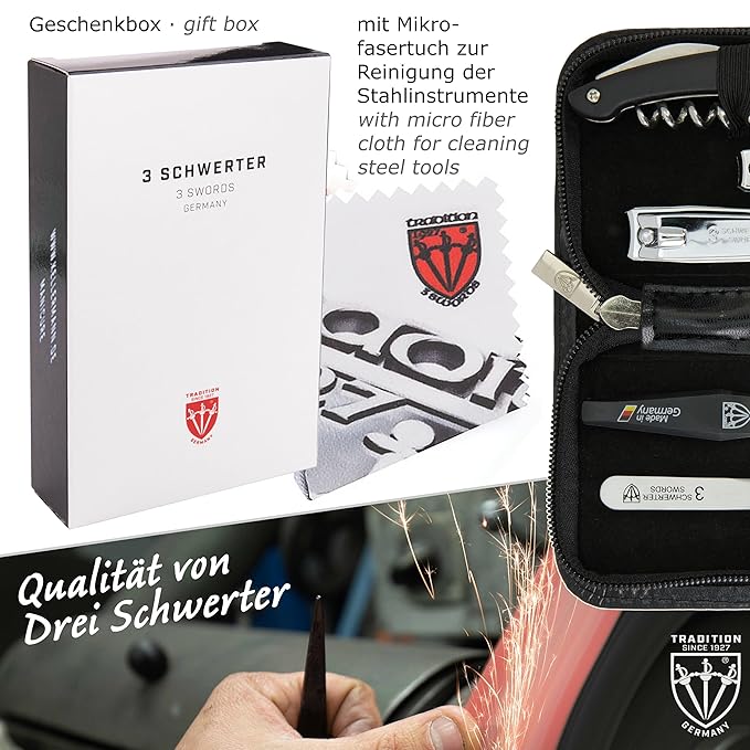 3 Swords Germany - brand quality 5 piece manicure pedicure grooming kit set for professional finger & toe nail care scissors clipper fashion leather case in gift box, Made by 3 Swords (00804)