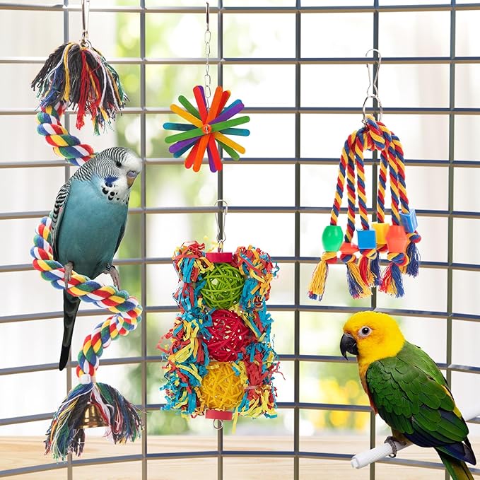 5PCS Bird Toys Set for Parrots - Shredding Chewing Foraging Activity Toys Safe for Cockatiel Mynah Finch Lovebirds - Cage Enrichment Accessories