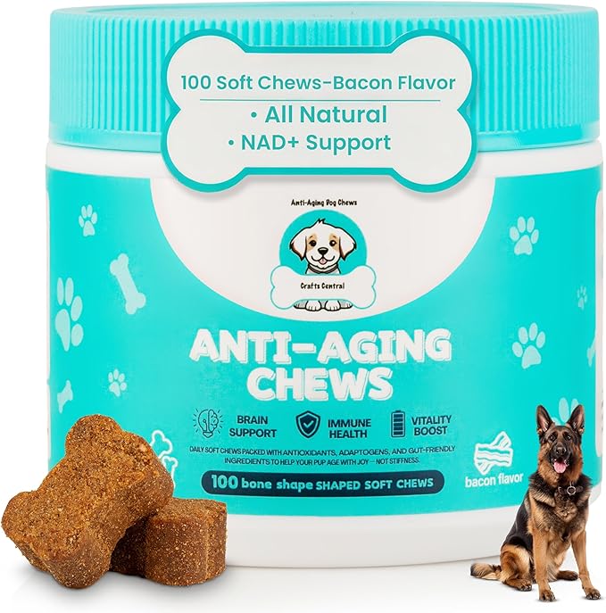 Anti-Aging Dog Supplement – Soft Chews for Senior Dogs with NAD+ Support from Nicotinamide Riboside, Omega-3, Amino Acids, Probiotics – Brain, Joint & Immune Health – Bacon Flavor – 100 Count