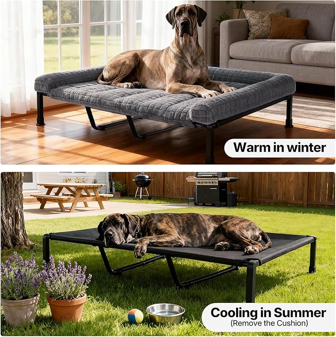 Veehoo Elevated Dog Bed Large Sized with Fluffy Plush Bolster Cushion, Washable Orthopedic Dog Couch Bed, Cooling Raised Pet Cot with Removable Mat, Breathable Mesh, No-Slip Feet, 59 x 37 inches, Grey