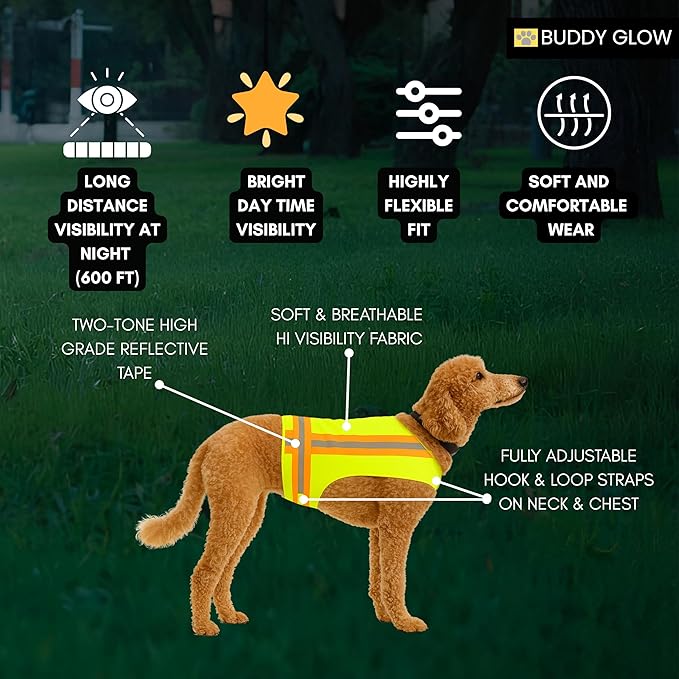 Reflective Dog Vest. High Visibility Yellow Safety Vest for Outdoors. Safeguard Your Dog with Easy to wear Adjustable and Breathable Reflective Gear (Medium)