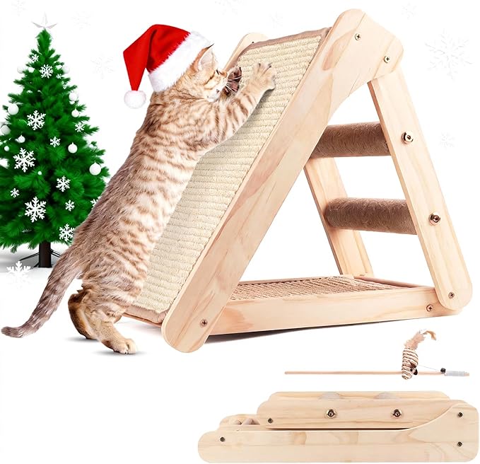 Sisal Cat Scratcher Board,Triangular Cat Scratch Ramp with Climbing Ladder,Wooden Scratching Board with 2 pcs Sisal Pad for Kittens and Small Animals Indoor Use
