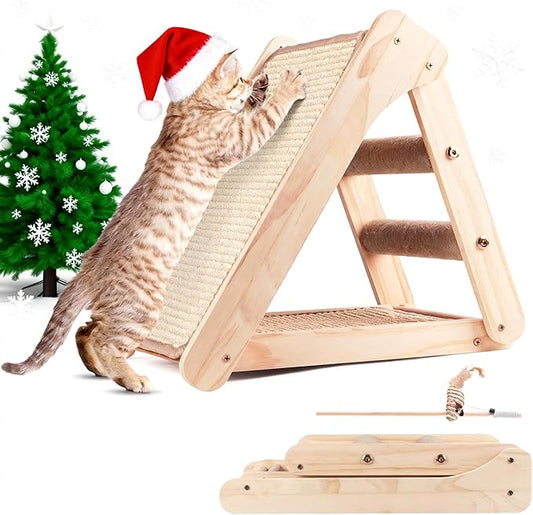Sisal Cat Scratcher Board,Triangular Cat Scratch Ramp with Climbing Ladder,Wooden Scratching Board with 2 pcs Sisal Pad for Kittens and Small Animals Indoor Use