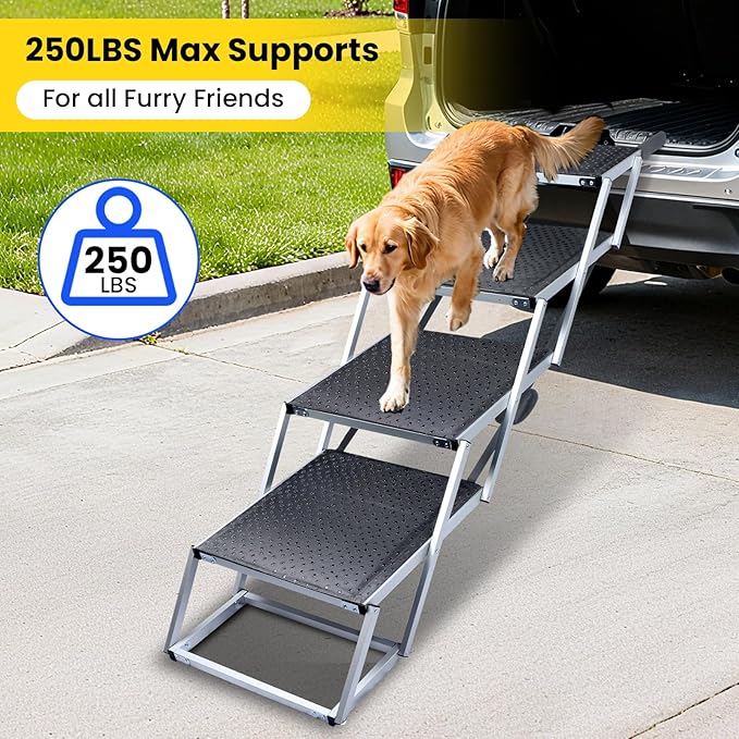 Extra Wide Dog Stairs for Large Dogs, Portable Dog Ramp for Car with Non-Slip Surface, Folding Dog Car Ramp for SUV & Car, Outdoor, Supports up to 250 lbs, 4 Steps