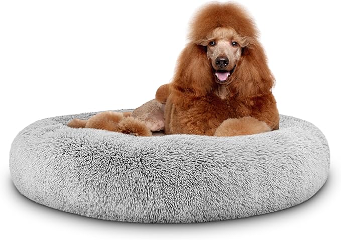 The Dog’s Bed Sound Sleep Donut Dog Bed, XL Silver Grey Fur Calming Nest Bed Removable Cover, Veterinary Approved
