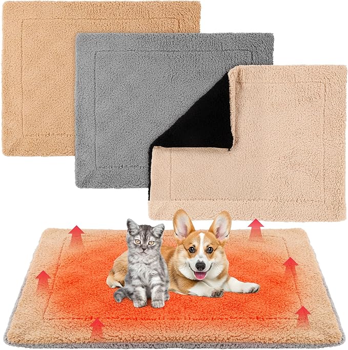 Novabright 3 Pack Self Warming Cat Bed 27x35 Inch Self Heating Dog Mat Reflects Body Heat Extra Warm Thermal Pet Pad Washable Cat Dog Bed for Outdoor Indoor Large Kittens Puppy(Black/Gray/Khaki)
