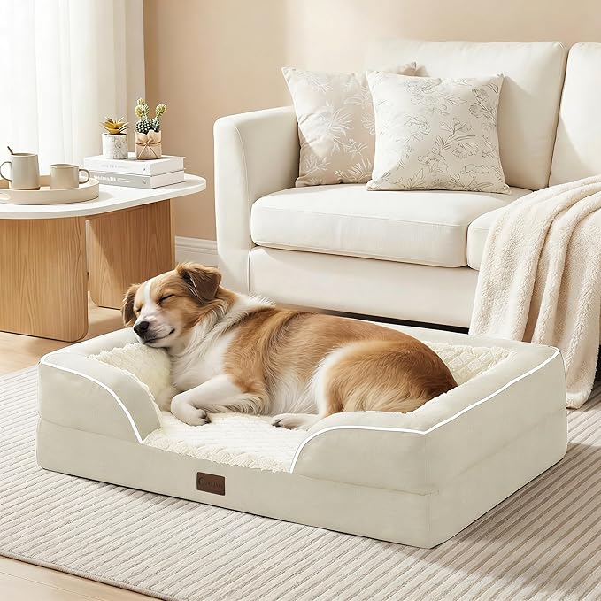 Orthopedic Dog Beds for Large Sized Dogs, Waterproof Memory Foam Large Pet Bed with Sides 36x27Inch, Non-Slip and Egg-Crate Foam Big Dog Couch Bed with Removable Washable Cover, Beige