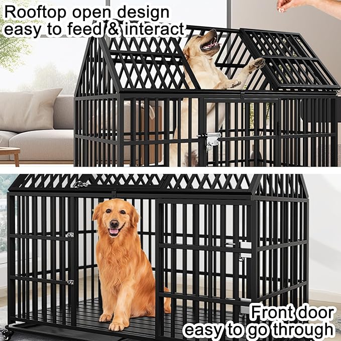 Heavy Duty Dog Crate 58 inch Durable Pet Dog Cage Crate Kennel with Roof Top 2 Doors Removable Trays Lockable Wheels Escape-Proof for High Anxiety Large/Extra Large Dogs Breeds
