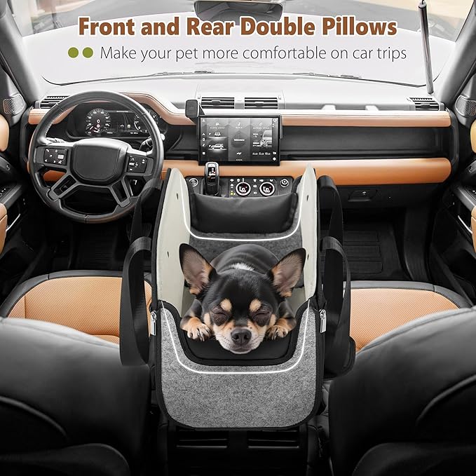 YUDODO Large Dog Car Seat for Center Console (Width＞9in) Fits 0-18lbs, Anti-Slip Puppy Cat Travel Portable Booster Seat, Portable Pet Car Bed Carseat Dual Front & Rear Pillow Gray