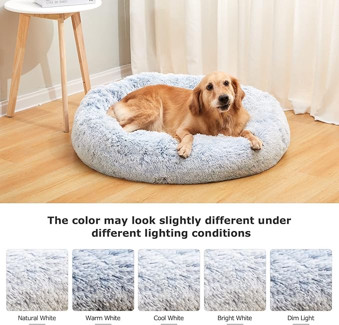 Bedfolks Calming Donut Dog Bed, 23 Inches Round Fluffy Dog Beds for Small Dogs, Machine Washable Anti-Anxiety Plush Puppy Bed（Light Blue, Small）