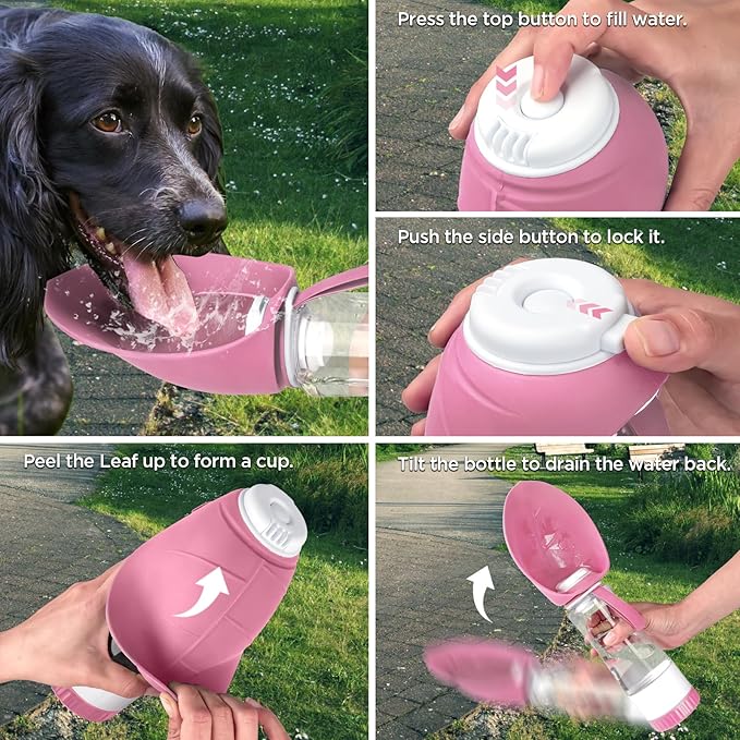 Dog Water Bottle, Pet Water Bottle with Food Container and Drinking Feeder, Leak Proof, BPA-Free, Portable Foldable Puppy Water Cup Dispenser for Outdoor Walking, Travel, Hiking Large Pink