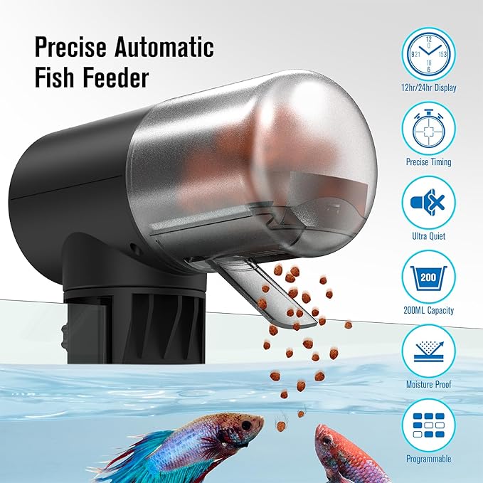 Automatic Fish Feeder for Aquarium, Vacation, 7, 14 Day Auto Dispenser with Timer, 200ml Large Capacity, Battery Powered, Ideal for Turtle/Fish Tank Aquarium Accessories, Batteries Included