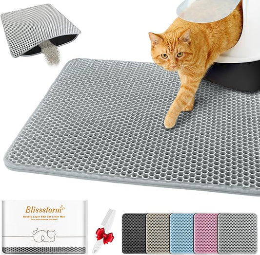 Waterproof Cat Litter Mat, Double Layer EVA, Odor-Free Large Grid, Urine Proof, Easy Cleanup (Gray, 16 x 20)