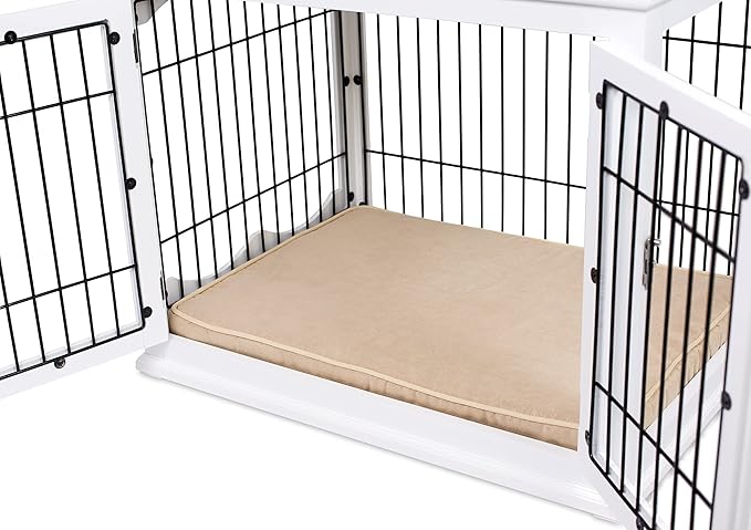 BIRDROCK HOME Decorative Dog Kennel with Pet Bed - Small Indoor Pet Crate, Double Door Design, Engineered Wood & Metal Wire, Furniture-Style House for Small Dogs, Side Table or Nightstand, White