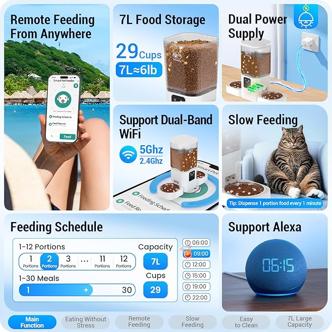 Automatic Cat Feeders 2 Cat with Slow Feed: Dual Automatic Dog Feeder with 5G WiFi, cat Food Dispenser with Alexa for Multiple Pets, Detachable for Easy Clean - 29 Cup（7L Large Capacity）