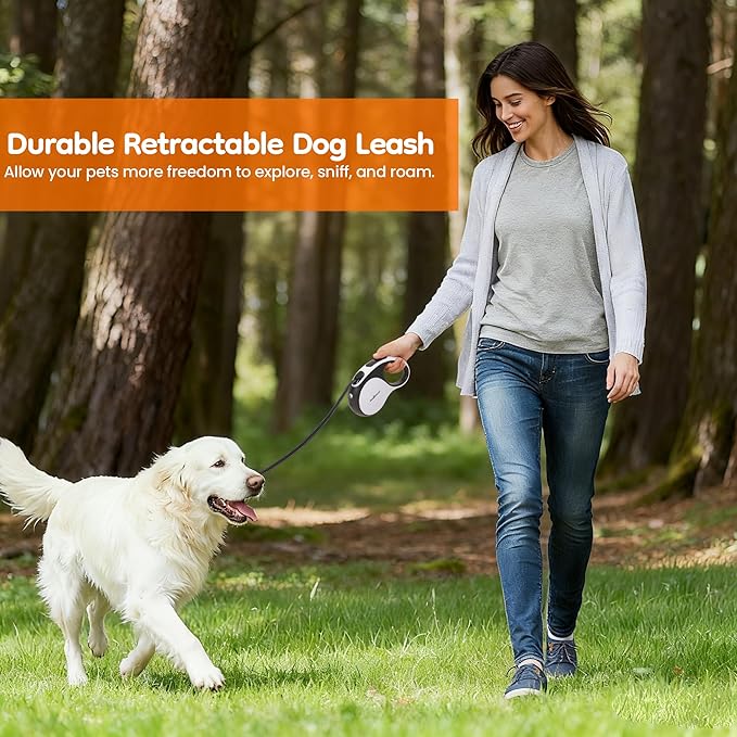 Retractable Dog Leash for Large Dogs with LED Light, 16.4ft Long Pet Leash up to 110lb Pull, 360° Tangle-Free One-Button Control for Small & Large Dogs & Cats, with Charging Cable, White