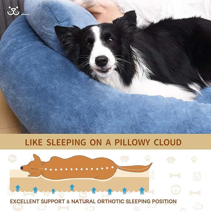 Human Dog Bed for Adults, 71"x51"x12" Washable Orthopedic Size, Faux Fur Removable, Cozy Large Present with Blanket and Pillow, Grayish Blue