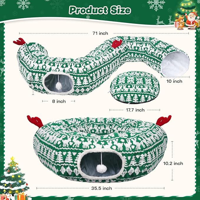 Christmas Tree Cat Tunnel, Cute Cat Tunnel Christmas Tree Skirt with Washable Mat, Hanging Ball, Soft Plush Pet Donut Tube Bed Play Gifts, Xmas Decor for Indoor Kitten, Rabbit, Puppy